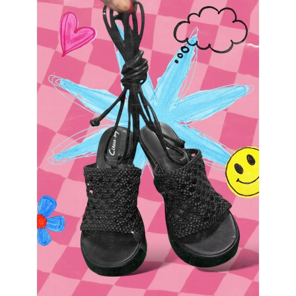 Circus‎ NY Black Woven Platform Wedge Mules Sandals Shoes size 7